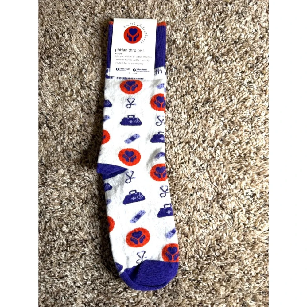 Sock Club NWT Salem Health Philanthropist Medical Crew Socks White Purple Orange